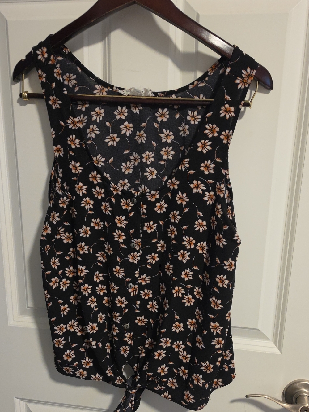 Floral Tie-Front Sleeveless shirt - Black with Cream Flowers